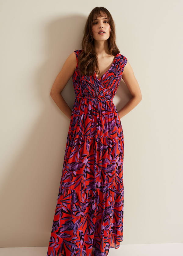 Athena Leaf Print Pleated Maxi Dress