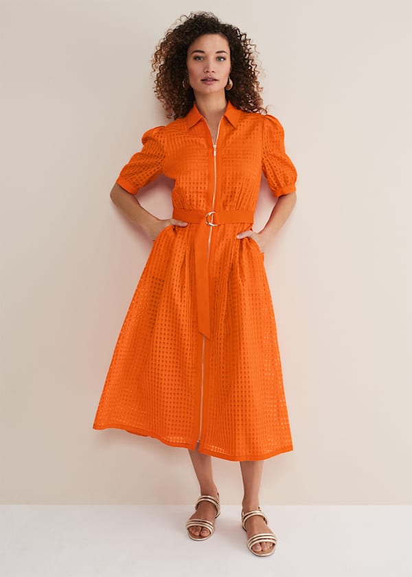 Carey Orange Checked Textured Midi Dress