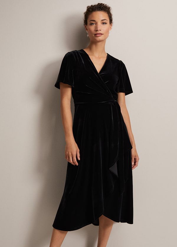Julissa Velvet Ruffle Wrap Midi Dress