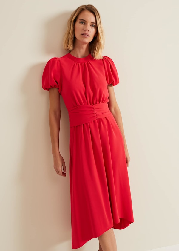 Paulina Coral Puff Sleeve Midi Dress