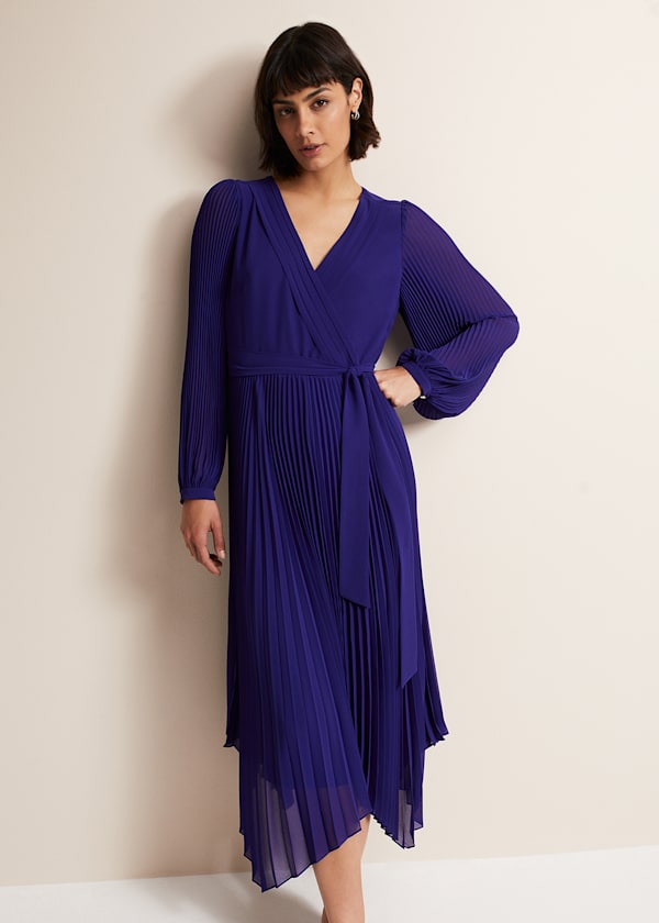 Petra Blue Pleated Midi Dress