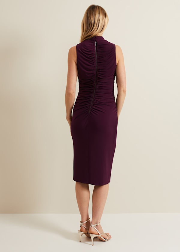 Stefania Burgundy Ruched Midi Dress