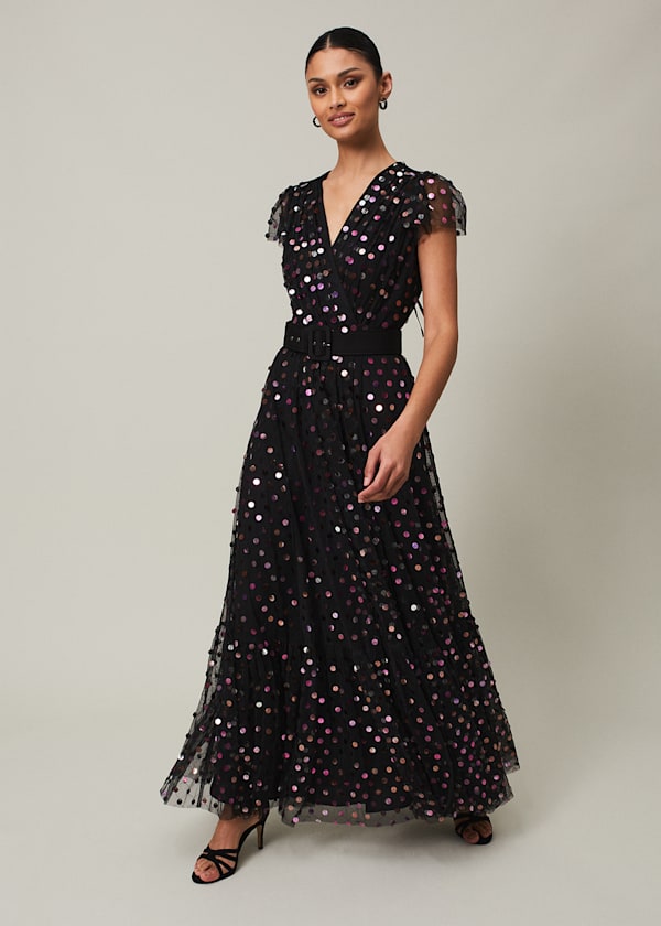 Loren Sequin Spot Tulle Maxi Dress