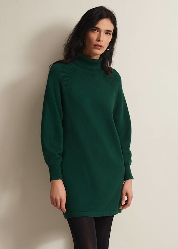 Dark Green Ribbed Jersey High Neck Mini Dress