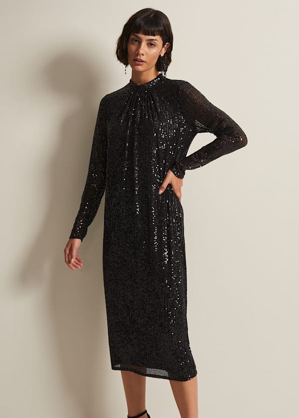 Cindy Black Sequin Midi Dress