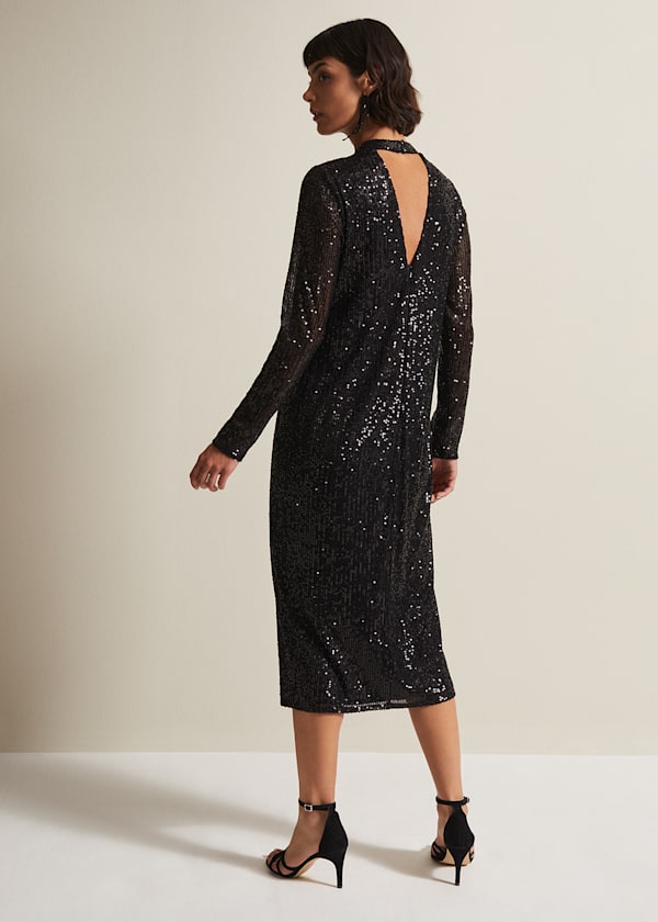 Cindy Black Sequin Midi Dress