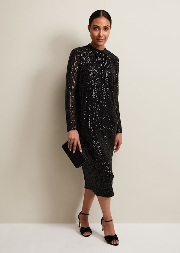 Petite Cindy Black Sequin Midi Dress