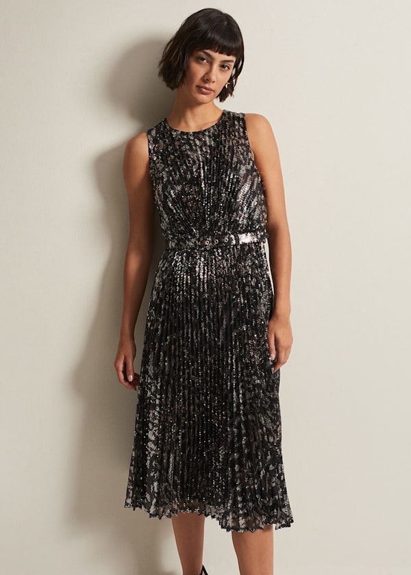 Simara Leopard Sequin Pleated Midi Dress