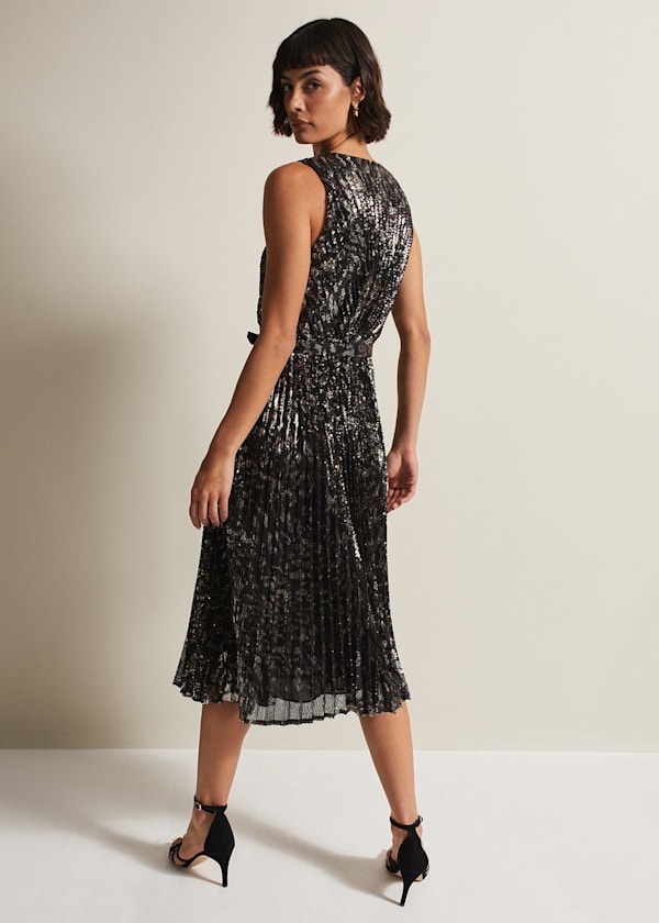 Simara Leopard Sequin Pleated Midi Dress