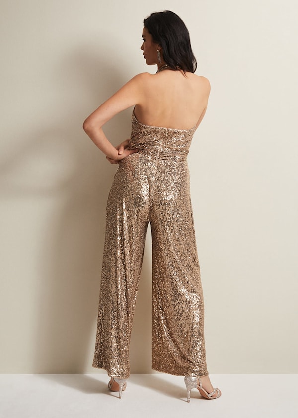 Clarabella Gold Sequin Halterneck Jumpsuit