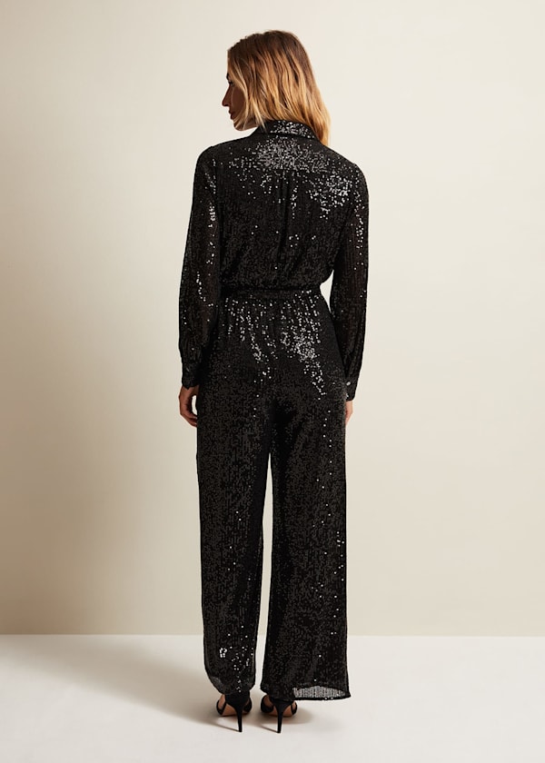 Alessandra Black Sequin Shirt Jumpsuit