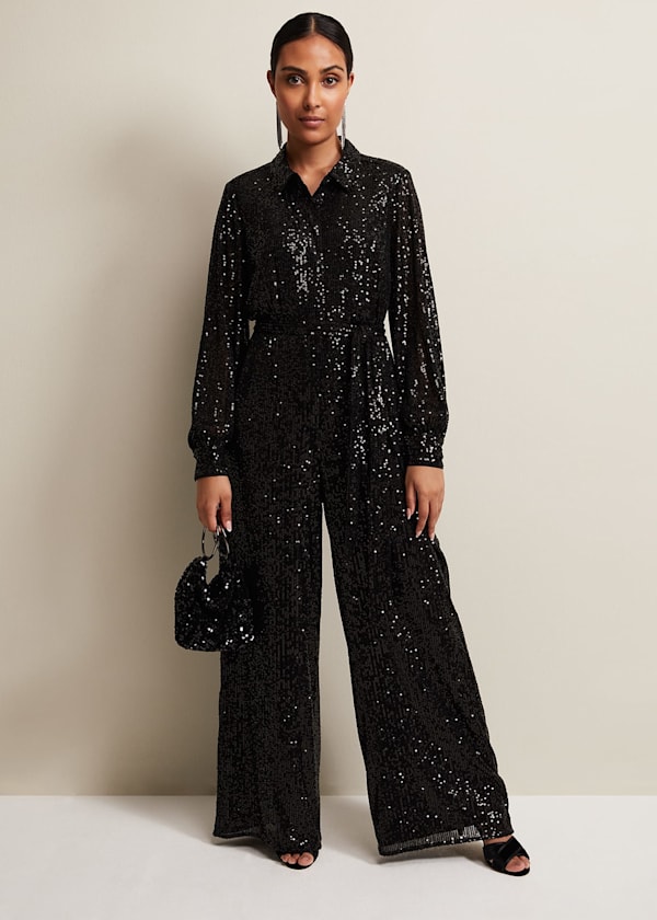 Petite Alessandra Black Sequin Jumpsuit