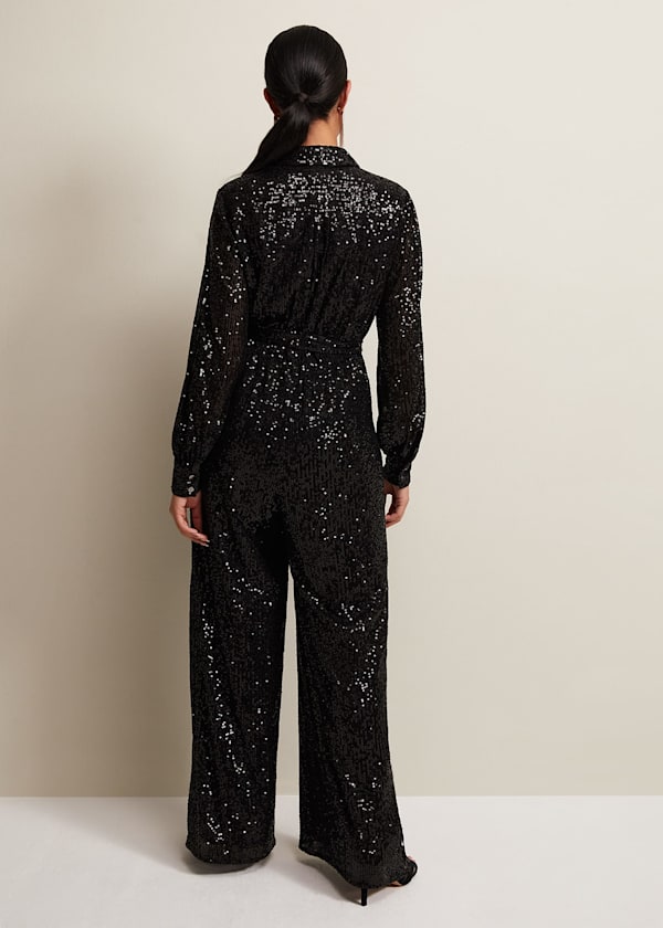 Petite Alessandra Black Sequin Jumpsuit