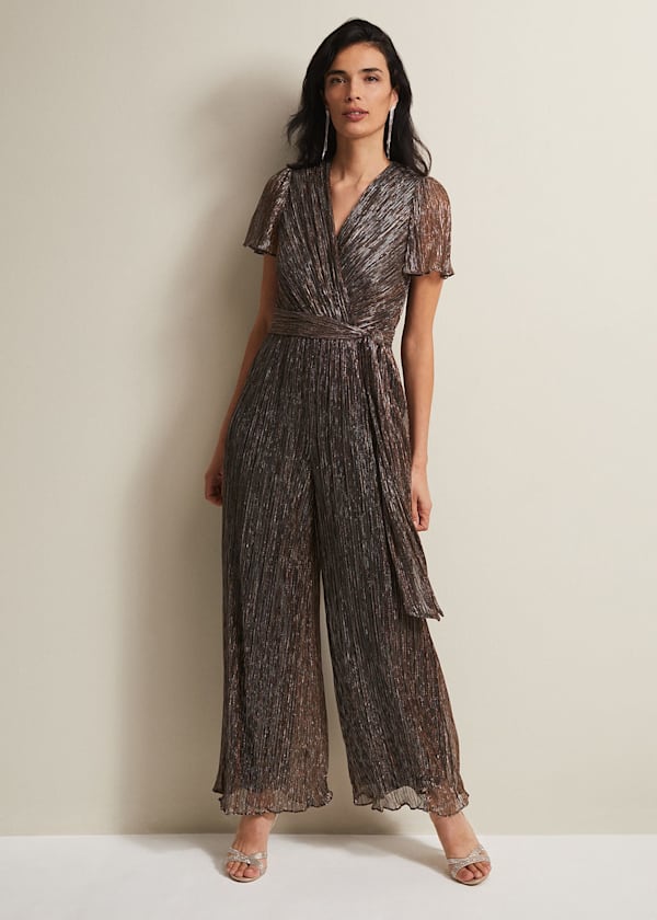 Stella Bronze plissierter Jumpsuit mit weitem Bein