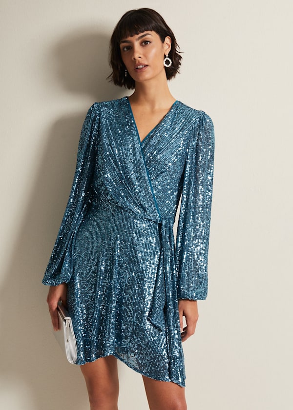 Carissa Teal Sequin Wrap Mini Dress