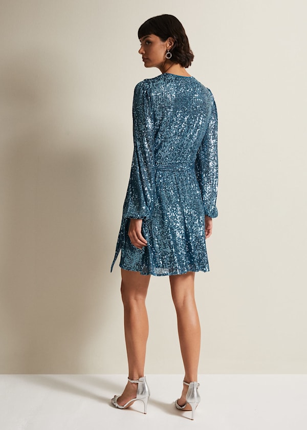 Carissa Teal Sequin Wrap Mini Dress