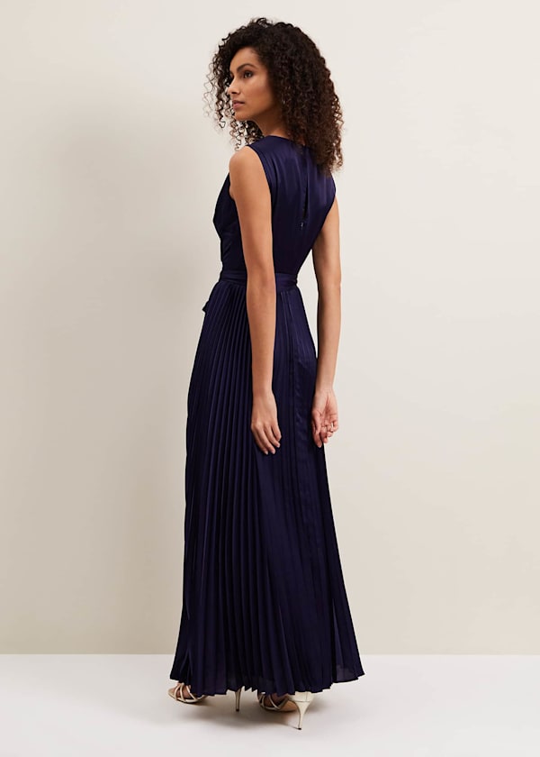 Bonnie Pleat Wrap Satin Maxi Dress
