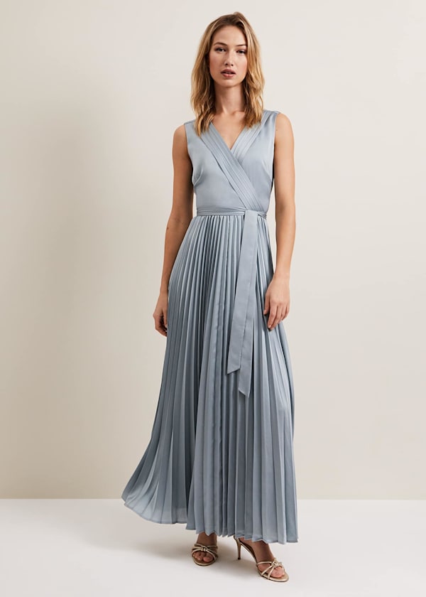 Bonnie Pleat Wrap Satin Maxi Dress