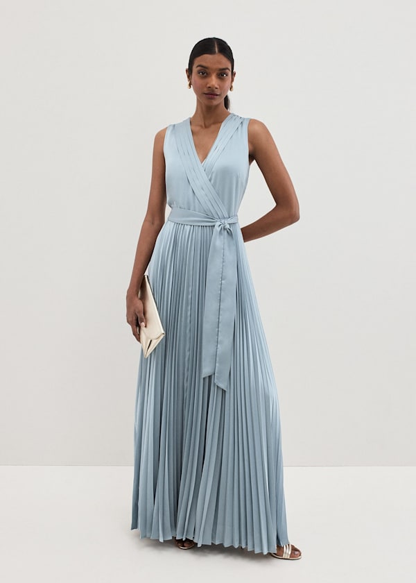 Bonnie Pleated Wrap Satin Maxi Dress