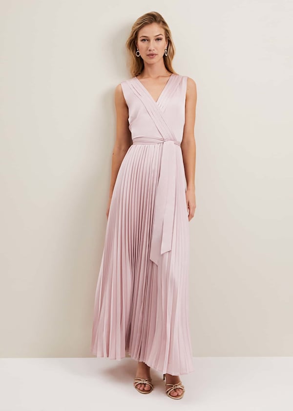 Bonnie Pleat Wrap Satin Maxi Dress