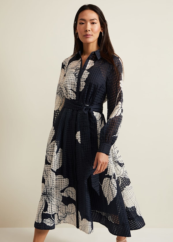 Natalie Navy Floral Shirt Midi Dress