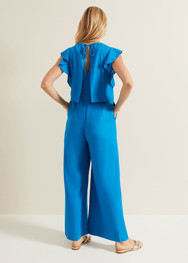 Aubrey Blue Linen Frill Jumpsuit