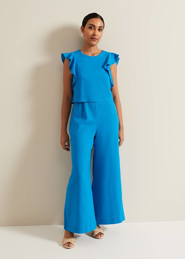 Petite Aubrey Blue Linen Frill Jumpsuit