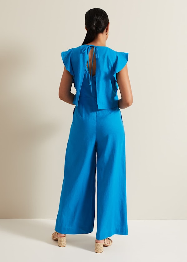 Petite Aubrey Blue Linen Frill Jumpsuit