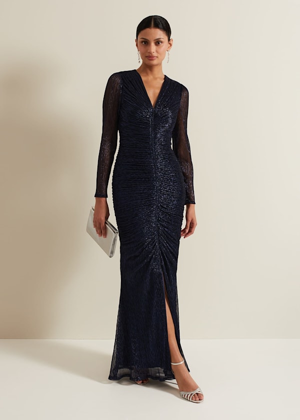 Shannia Ruched Shimmer Maxi Dress