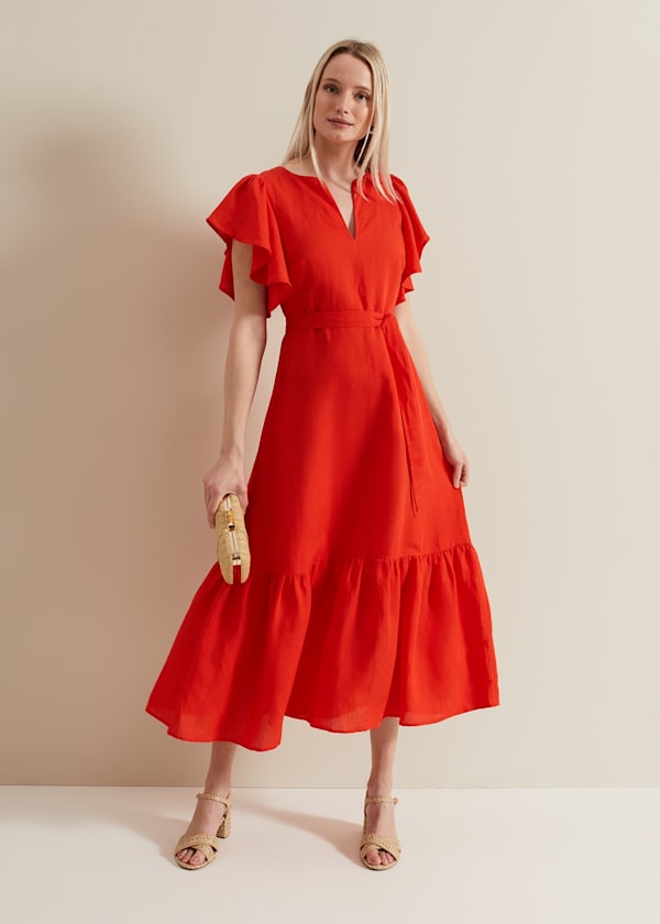 Morgan Red Linen Midi Dress