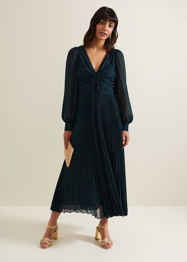 Kindra Teal Chiffon Pleated Midi Dress