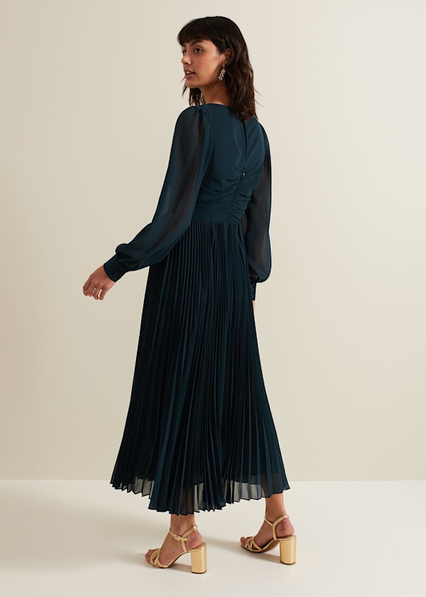 Kindra Teal Chiffon Pleated Midi Dress