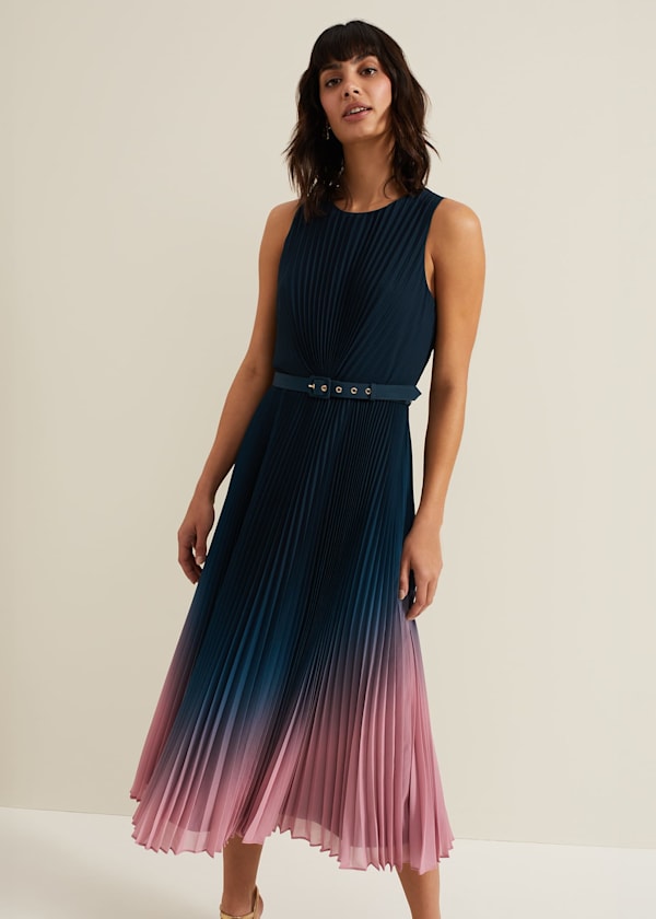 Simara Ombre Chiffon Midi Pleat Dress