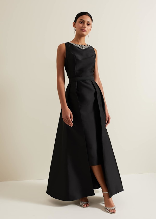 Yisanne Black Satin Embellished Maxi Dress