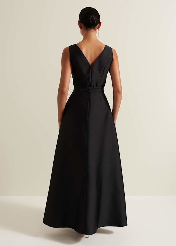Yisanne Black Satin Embellished Maxi Dress