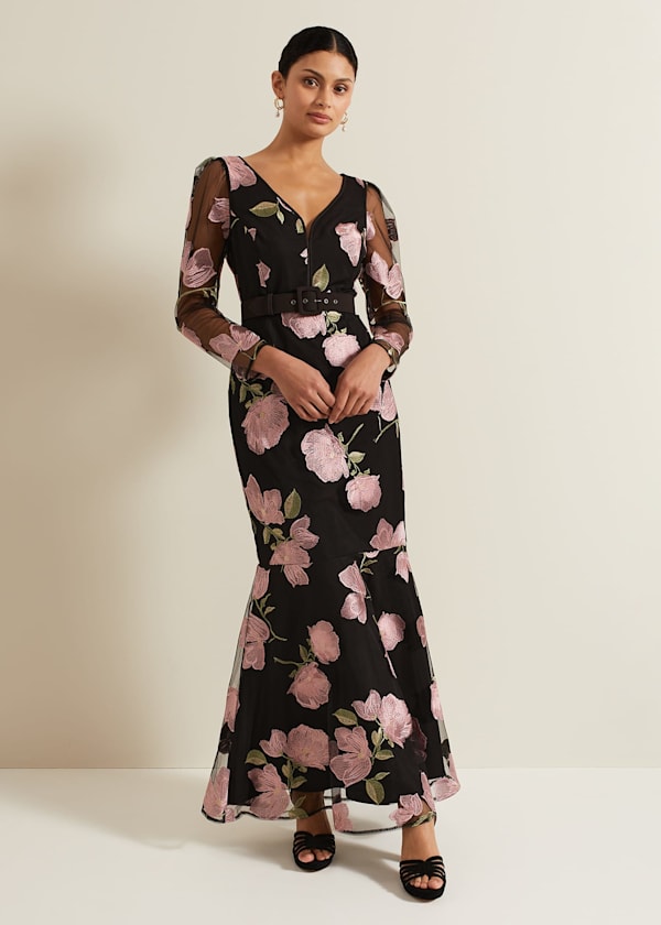 Genny Floral Print Embroidered Maxi Dres