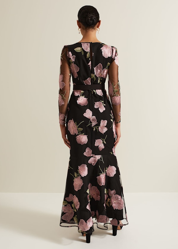 Genny Floral Print Embroidered Maxi Dres