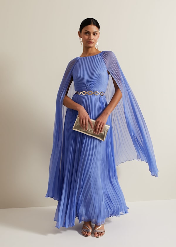 Marren Blue Chiffon Pleated Maxi Dress