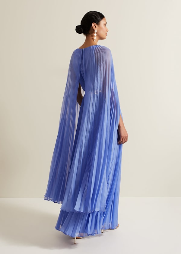 Marren Blue Chiffon Pleated Maxi Dress