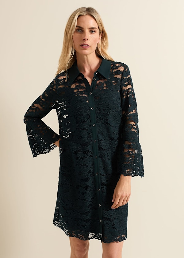 Rojina Teal Lace Shirt Dress