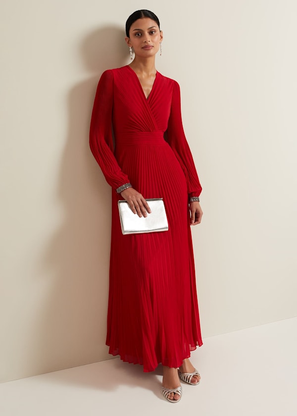 Vila Red Pleated Maxi Dress