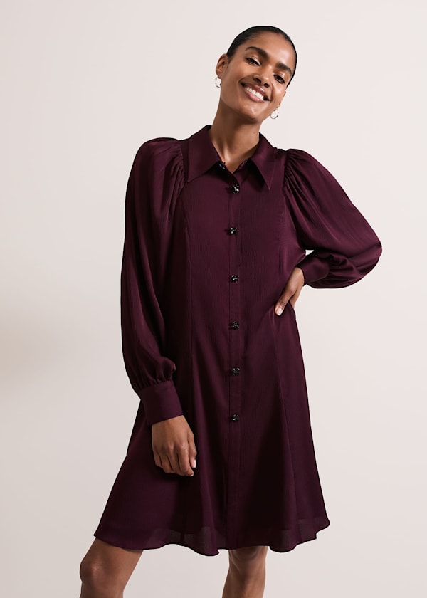 Tila Burgundy Embellished Shirt Dress