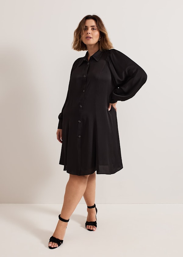 Tila Black Satin Embellished Shirt Dress
