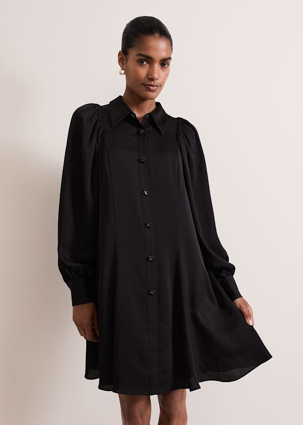 Tila Black Satin Embellished Shirt Dress