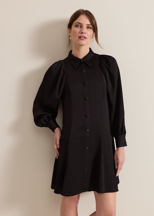 Petite Tila Black Satin Shirt Dress