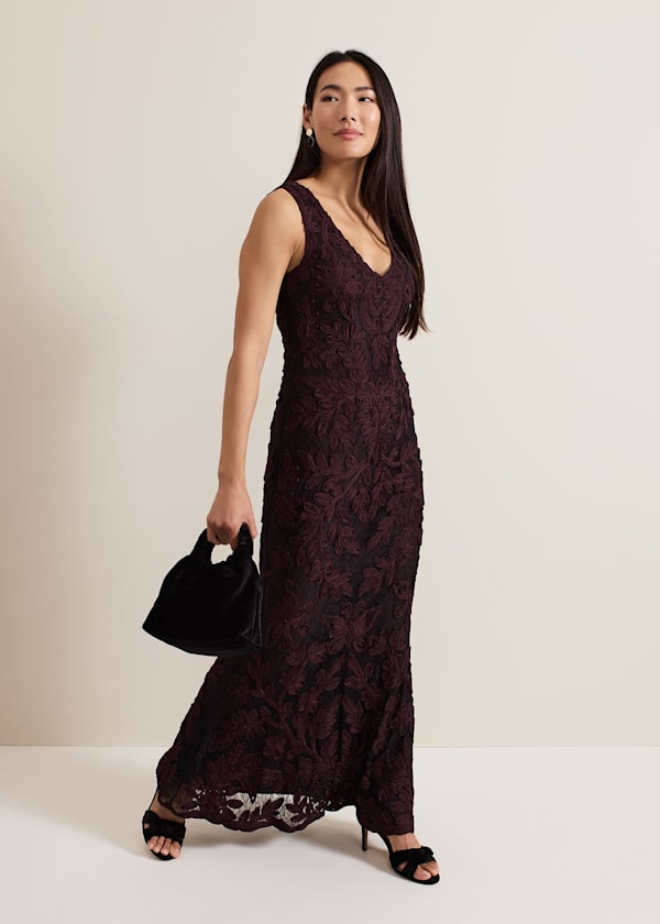 Montee Burgundy Tapework Maxi Dress