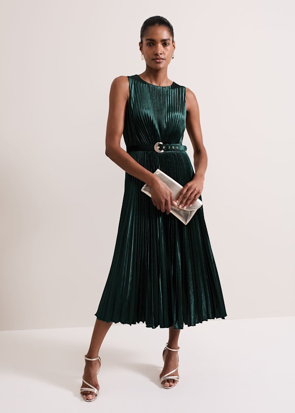 Simara Velvet Pleat Midi Dress