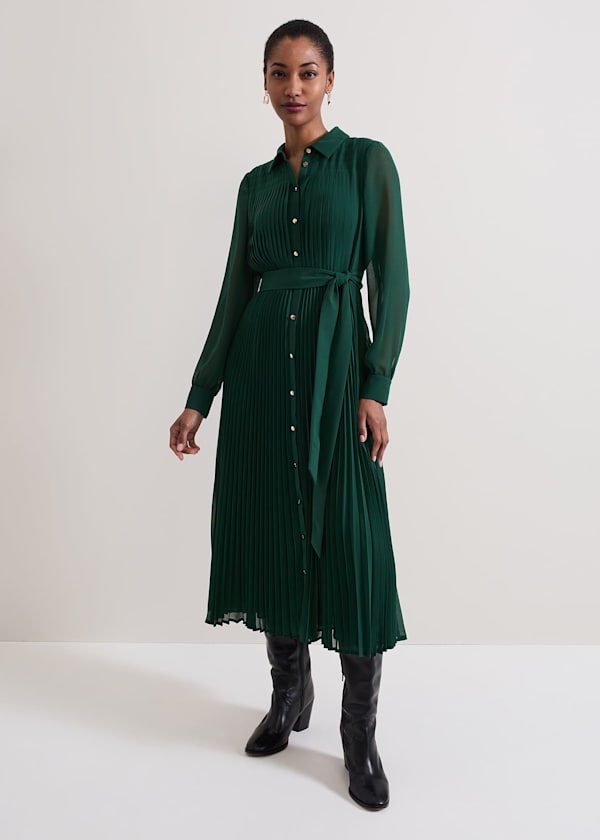 Gabriela Green Pleated Shirt Dress