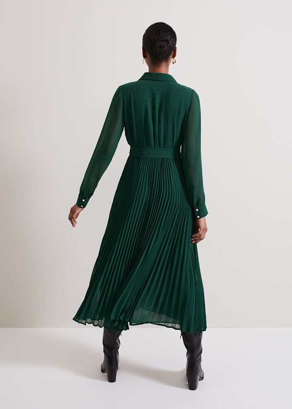 Gabriela Green Pleated Shirt Dress