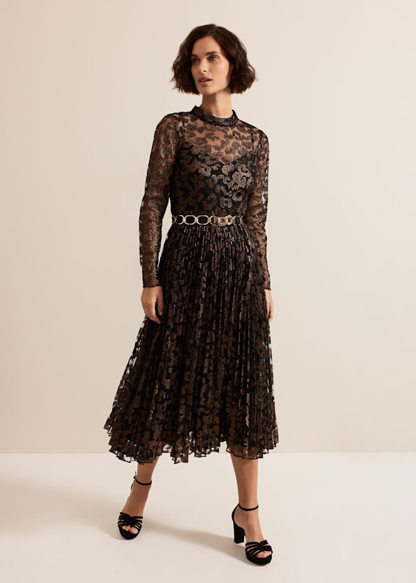 Theodora Leopard Pleat Midi Dress